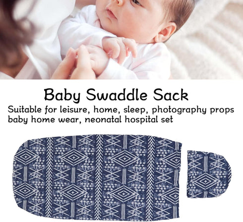 Baby Sleeping Bag, Soft Elastic Anti Startle Swaddle Sack Blanket Hat Set for Newborn Baby Bear Navy Blue Stripes