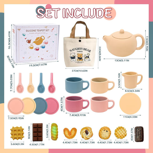 Set Set 3 4 5 6 Silicone Tea Party for Little Girls Kids Toddlers Tea with Tea Pot Cups Food Pretend Play Kitchen