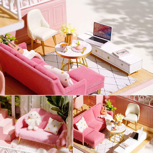 TuKIIE DIY Miniature Dollhouse Kit with Furniture, 1:24 Scale Wooden Doll House Accessories, Dust Proof & Music Movement