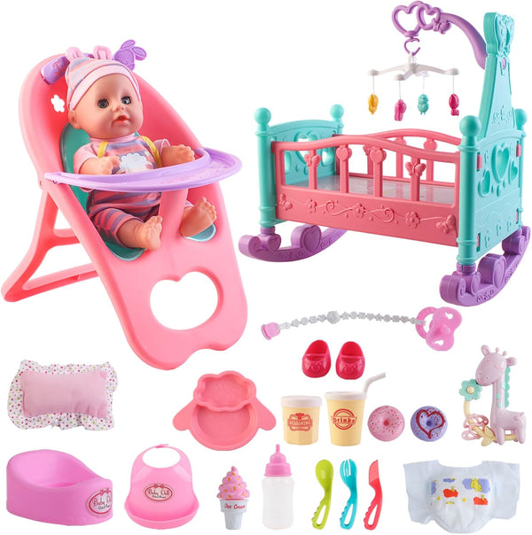 deAO Baby Doll Set with 20 Pieces Accessories, Crib Bed, High Chair, and Stroller Play Set