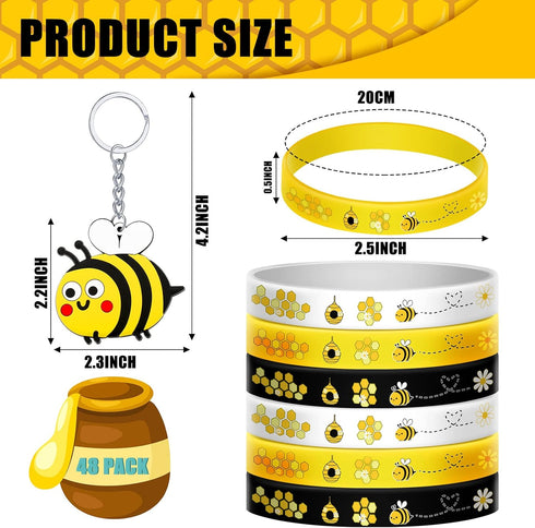 48 Pieces Cute Bee Keychain and Bee Rubber Bracelets, Silicone Wristband Party Favors for Birthday Supplies