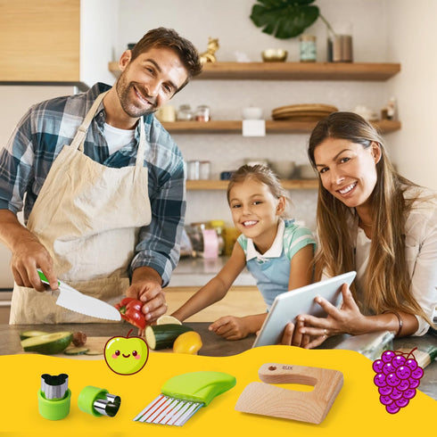 Kids Knife Set for Real Cooking - 4 Plastic Safe Knives, Crinkle Cutter, Y Peeler, Cutting Boards, Kitchen Gloves,