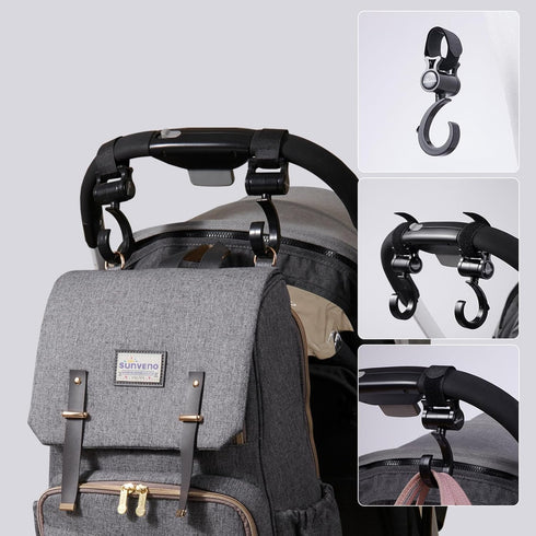4 Pack, 360 10 lbs SUNVENO Stroller Hooks for Diaper Bag Baby Travel Essential Heavy Duty Rotating Clips, Universal