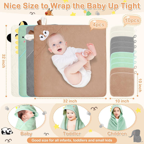 14 Set, Set,4 32x32 10 Flasoo Pcs Baby Towels Baby Towels and Washcloths Pcs in Cute Hooded Bath Towel & Pcs Baby