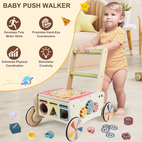 Wooden Baby Walker with Wheels, Montessori Kitchen Walking Toys, Pretend Play Grocery Toys, Sorting and Stacking Toys