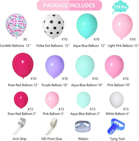 Amandir 152pcs Hot Pink and Teal Blue Balloon Garland Arch Kit, Different Sizes for Spa Girls Birthday Baby Shower Decor