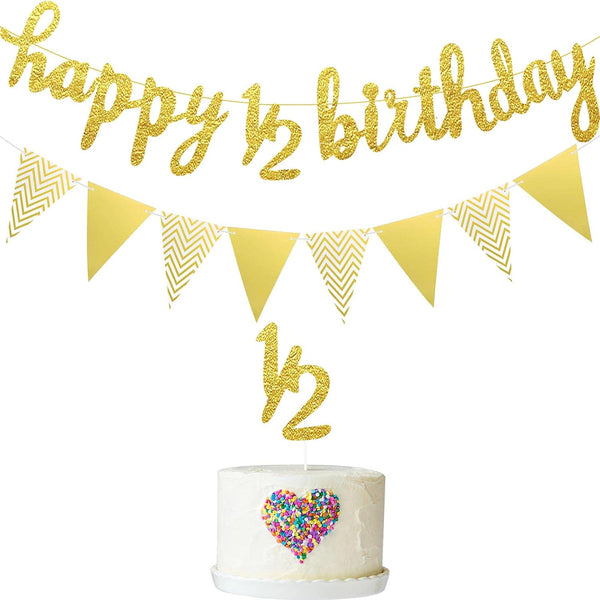 Boao Pre-Strung Half Birthday Decorations Set - 6 Months Happy 1/2 Birthday Banner, Gold Cake Topper, Triangle Flag