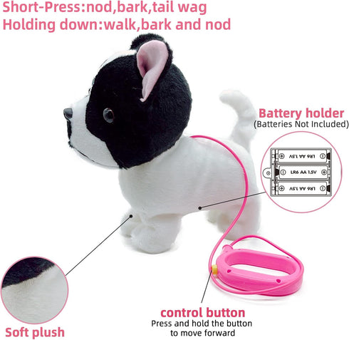 3+ YH YUHUNG Walking French Bulldog Toy with Leash, Black & White Frenchie Puppy Robot, Electronic Barking & Wagging