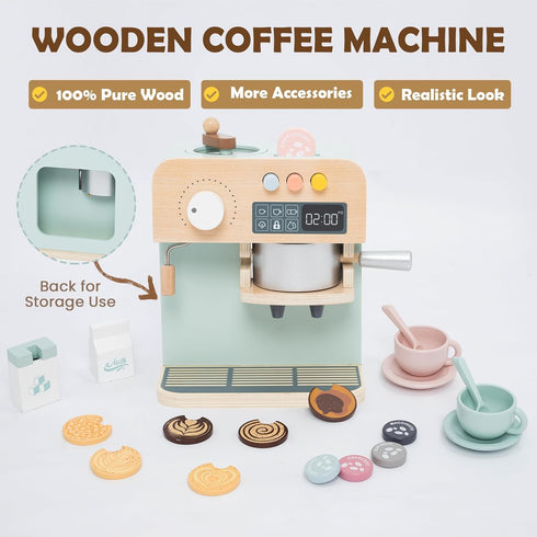 Playset, 23PCS Playset, 3 4 5 Kids Coffee Maker Wooden Kitchen Toys, Play Kitchen Accessories for Toddler, Espresso