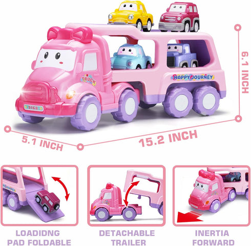 9-in-1 3 Cartoon Vehicle Toy for Toddler Girl, Pink Carrier Truck for Baby Girls, Friction Power Transport Car