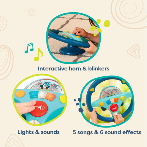2 B. toys Woofer's Musical Driving Wheel Pretend Play Steering Wheel with Music, Sounds & Lights for Toddlers, Kids