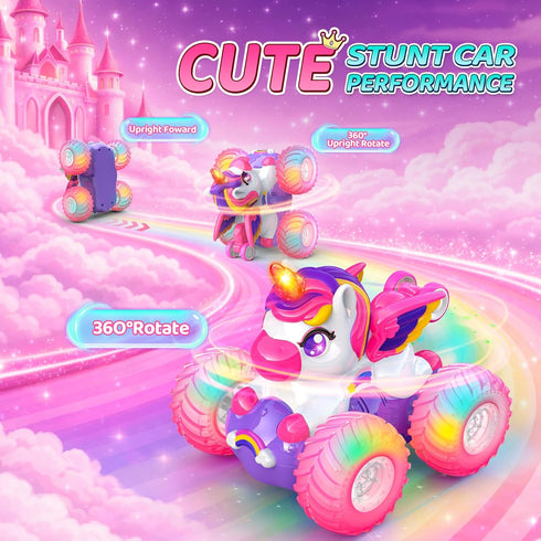 Girls,360 4WD 3 4 5 6 7 8 Unicorn Remote Control Car for Rotating Stunt RC Cars with Lights,Pink Car Toys for Kids,Fun