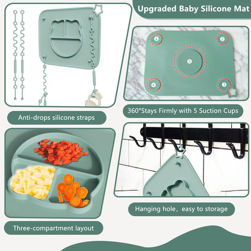 2 Pack 8 Silicone Baby Placemats with Non-Slip Strong Suction Base and Anti-Drop Stretchable Straps, BPA Free Food