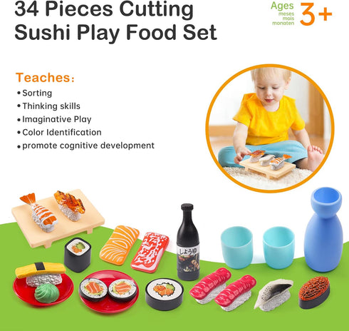 Funpynani Set, 34Pcs, 3+ Sushi Slicing Play Food Ages LED Light with Color Changing Pretend Food Toys Accessories