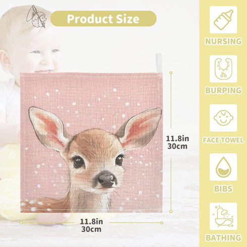 YETTASBIN 4 3 Pack Cute Deer Muslin Baby Hand Washcloths, Soft Cotton Bath Face Towel, Layers Extra Absorbent Feeding