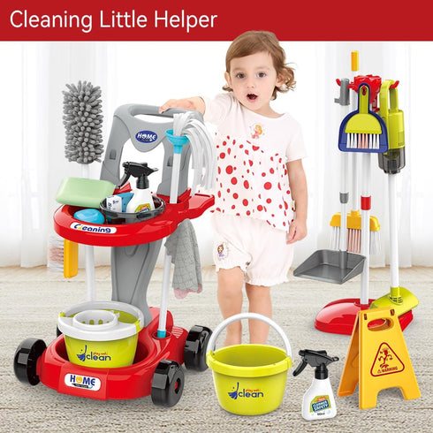 Toddler Cleaning Set | New 29-Piece Detachable Kids Cleaning Toy Set for Pretend Play Educational Cleaning Carts (Red)