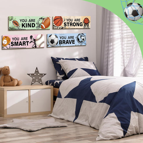 4 Geetery Pcs Sport Bedroom Wall Decor Boys Room Decor for Kids Soccer Basketball Baseball Football Wall Art