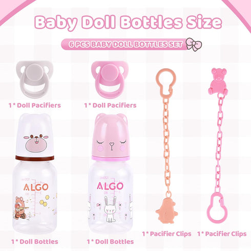 6 Set, BABESIDE Pcs Reborn Baby Doll Accessories Cute Bear Pattern Baby Doll Bottles and Magnetic Pacifiers