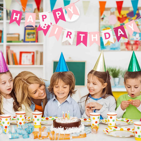 Pink Happy Birthday Banner Sign, Bunting Garland for Kids Girls Baby 1st Birthday Party Decorations