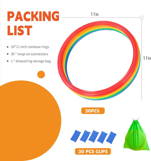 2-Set 20 (11-inch) 30 Hopscotch Rings, Round Hoops + Connectors, Agility Rings for Kids, Builds Gross Motor Skills