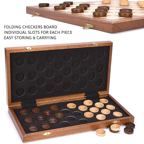 VAMSLOVE 14inch Checkers Folding Wooden Game Set, Classic 8x8 Checkerboard with Pieces Storage Slots (Instructions