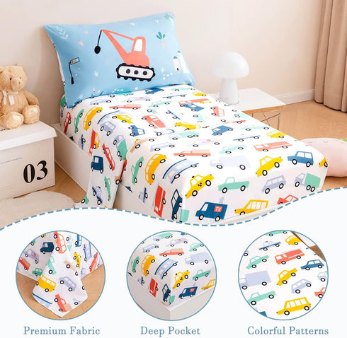 4-Piece Set Set PERFEMET Toddler Bedding Boys Cars Toddler Comforter with Sheets Reversible Lightweight Blue Vehicles