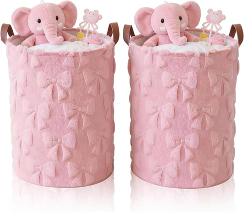 Blushtier 2 Pcs Pink Bow Laundry Hamper Girls Room Decor Coquette Pink Bow