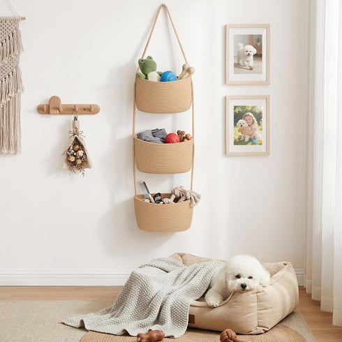 3-Tier Goodpick Hanging Basket Over the Door, Cotton Rope Wall basket, Hanging Nursery Decor for Organizing, Jute