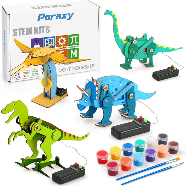 Poraxy 4 in 1 Dinosaur STEM Kits for Kids Ages 8-10, Educational Science Building Projects, 3D Wooden Puzzles Gift for