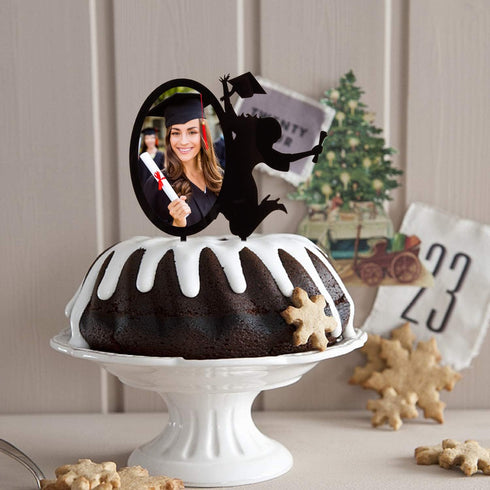 Congrats Grad 2025 Cake Toppers - Black Acrylic Photo Frame Cake Topper for Class of 2025 Graduate Party Supplies