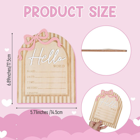 QFGasre 6.9 Inch 3D Wooden Hello Worlds Newborn Signs Baby Announcement Sign Pink Bows Birth Announcement Sign