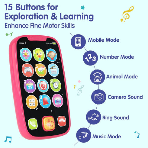 BABYFUNY Toys for 1 Year Old Girl, 15 Functions Phone Toy for 1+ Year Old Girl, Pink Gifts for Kids
