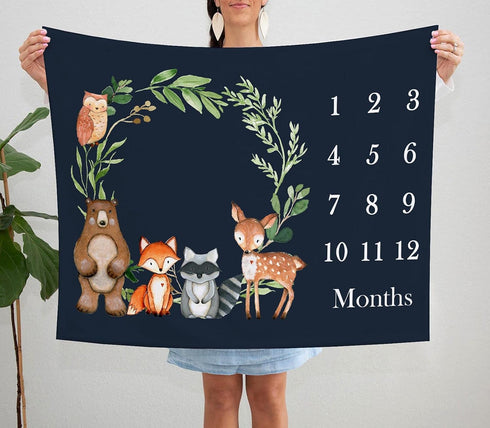Woodland Baby Monthly Milestone Fleece Blanket, Black, 50x40, Includes Marker for Baby Photos
