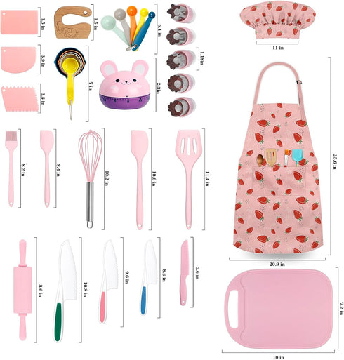 DEABOLAR 33 Sets Set Pieces Kids Cooking Real, Kids Chef Role Play Costume with Plastic Toddler Safe Knives Kids
