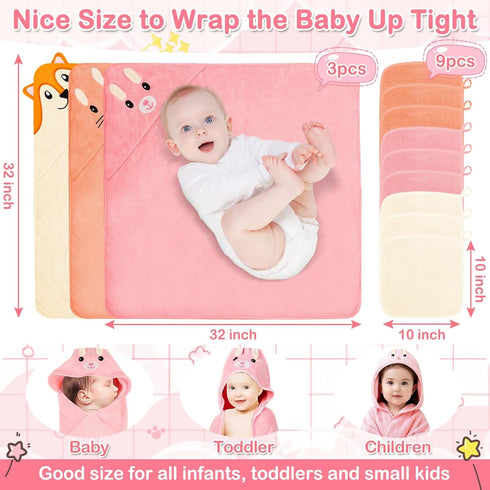 Sublaga 31x31 Inch 12Pcs Set, 3 32x32 9 Baby Hooded Towels, Baby Towels and Washcloths Soft and Absorbent Baby Bath