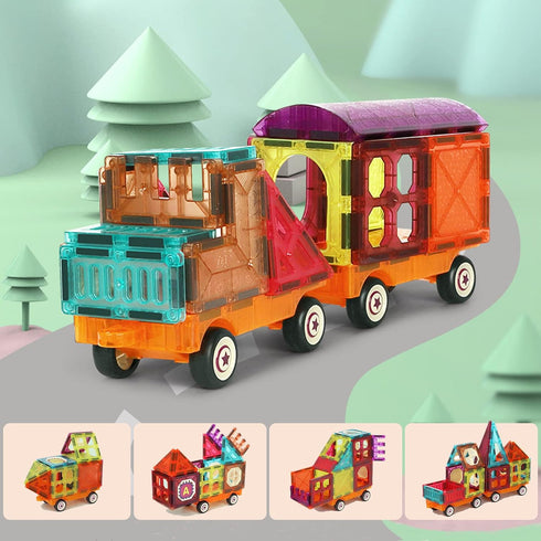 Magnetic Tiles Building Blocks with 4 Cars Magnet Train Set - STEM Toy for Kids, Educational Creativity