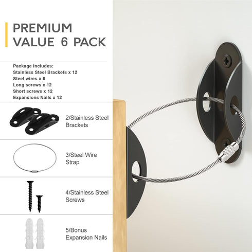 Furniture Anchors (6 Pack), Anti Tip Furniture Straps, 400lbs Tension Earthquake Resistant Metal Straps