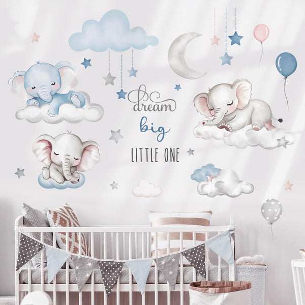 Quinspir Dream Big Little One Elephant Wall Stickers,Dreamy Moon Stars Balloons Cloud Decor