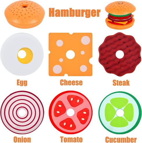 Wooden Burger Sandwich Stacking Toys - Play Food Toy for Toddlers, Montessori Educational Toy for 3 Year Olds