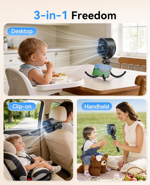 KIMMOO 100 360 Portable Stroller Fan, Speeds Quiet Rechargeable USB Fan with LED Display, Adjustable Safe Clip Fan