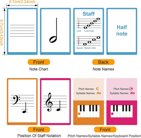 HETOETF 104 Piano Music Flash Cards - Basic Music Symbols,Staff Notation, Pitch/Syllable Names, Keyboard Position
