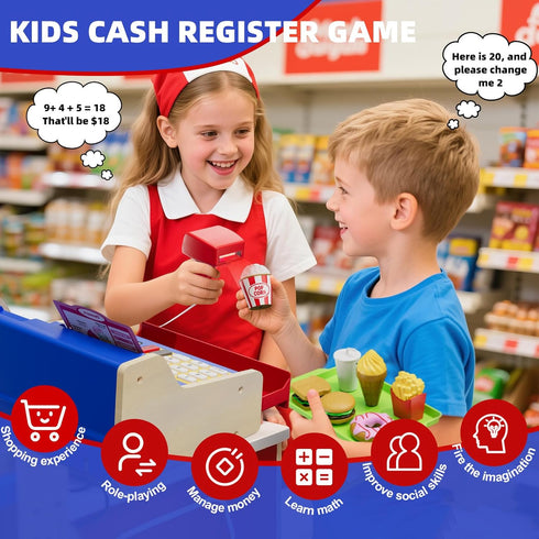 3-5, HYES Rechargeable Wooden Cash Register for Kids, Toy Cash Register with Play Money, Toy Food, Pretend Play