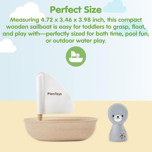 PlanToys Wooden Sailing Boat Toy with Seal | Bath Time Water Toy for Floating Play, Imagination & Gentle Sensory