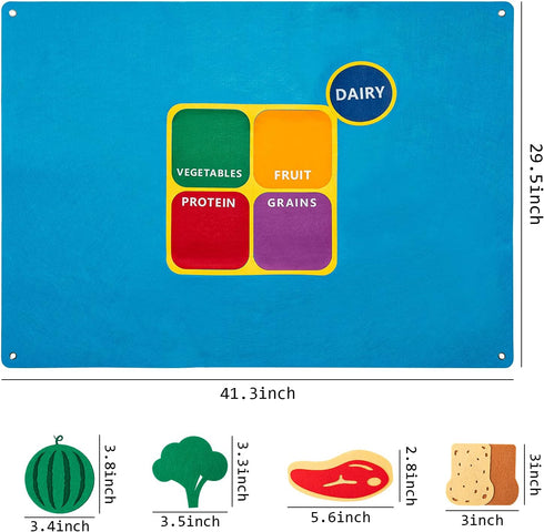 WATINC My Plate Felt-Board Stories Set 3.5Ft 53Pcs Preschool Vegetables Fruit Protein Grains Flannel Food Diary Classroom Theme Early Learning Play Kit Wall Hanging Gift for Toddlers Kids