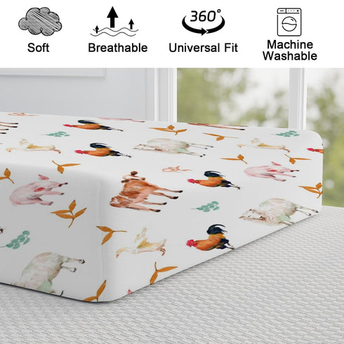 Watercolor Farm Animals Changing Pad Cover, Cow Lamb Chicken Pig Hen Duck Sunflowers Leaves for Boys Girls Diaper Change