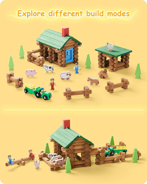 Set 122 3+ SainSmart Jr. Wooden Log Cabin Farm Building House Toy for Toddlers, PCS Classic STEM Construction Kit