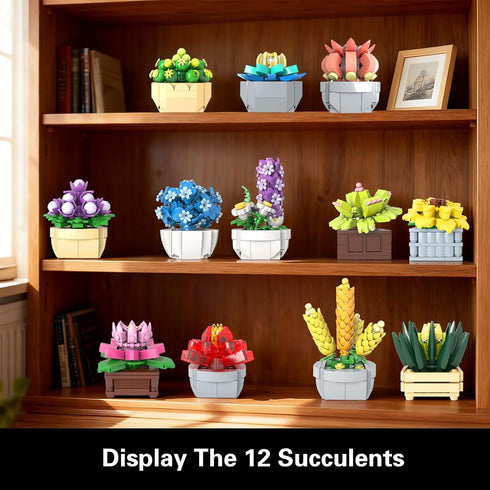 Sets, 12 (1174 Flowers Succulents Building Tiny Plants, Office Home Decor Botanical Collection Building Block Toy