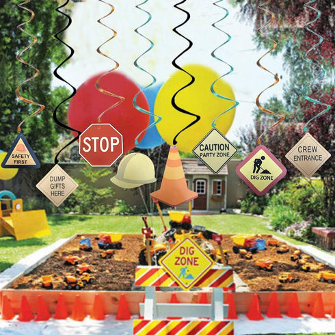 30Ct Construction Signs Hanging Swirl Decorations - Dig Zone Stop Crew Entrance Safety First Dump Gifts Here Helmet