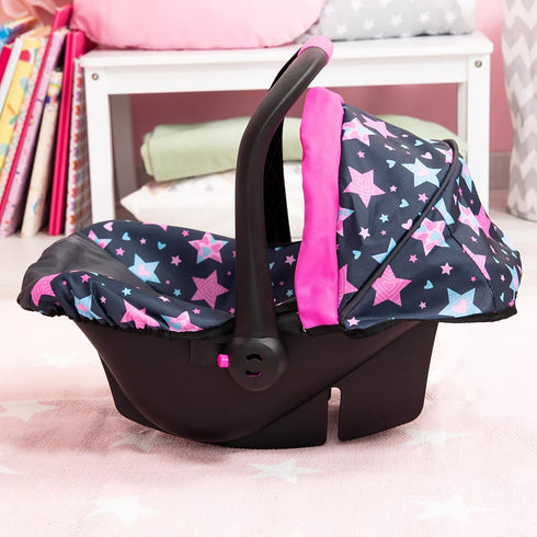 18 Inch 3+ Bayer Doll Car Seat for Dolls, Toy Car Seat with Sun Canopy, Turquoise Pink Stars, Ages