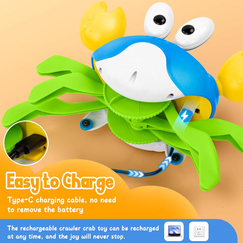 Tummy Crawling Crab Baby Toy, Increase Baby's Time Crab, Inspire Crawling, Automatic Obstacle, Rechargeable, Music